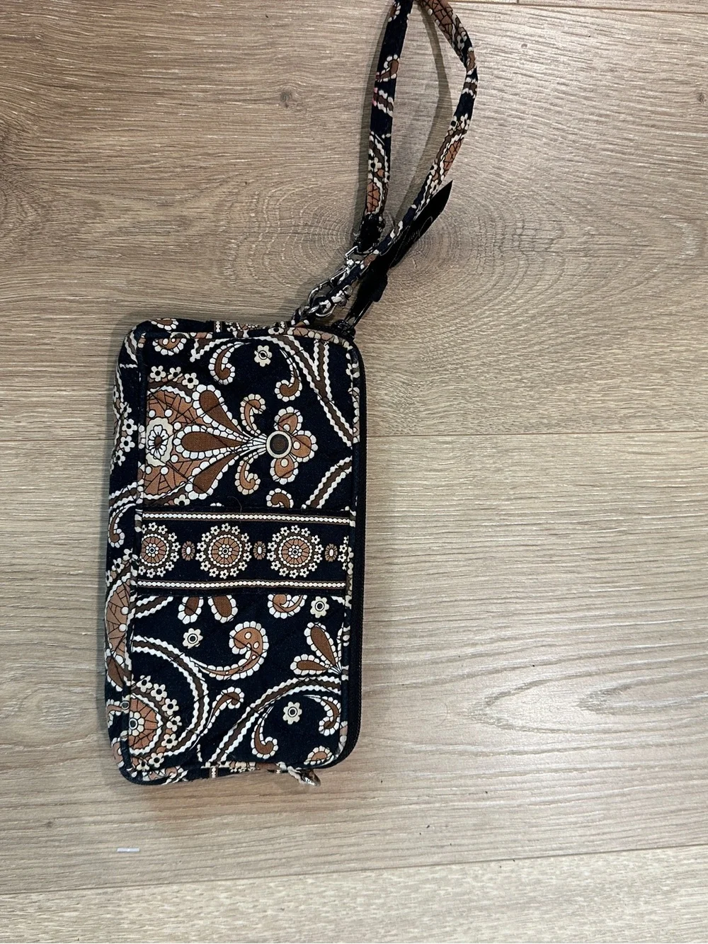 Vera Bradley Black Paisley Quilted Wristlet with Brown Accents